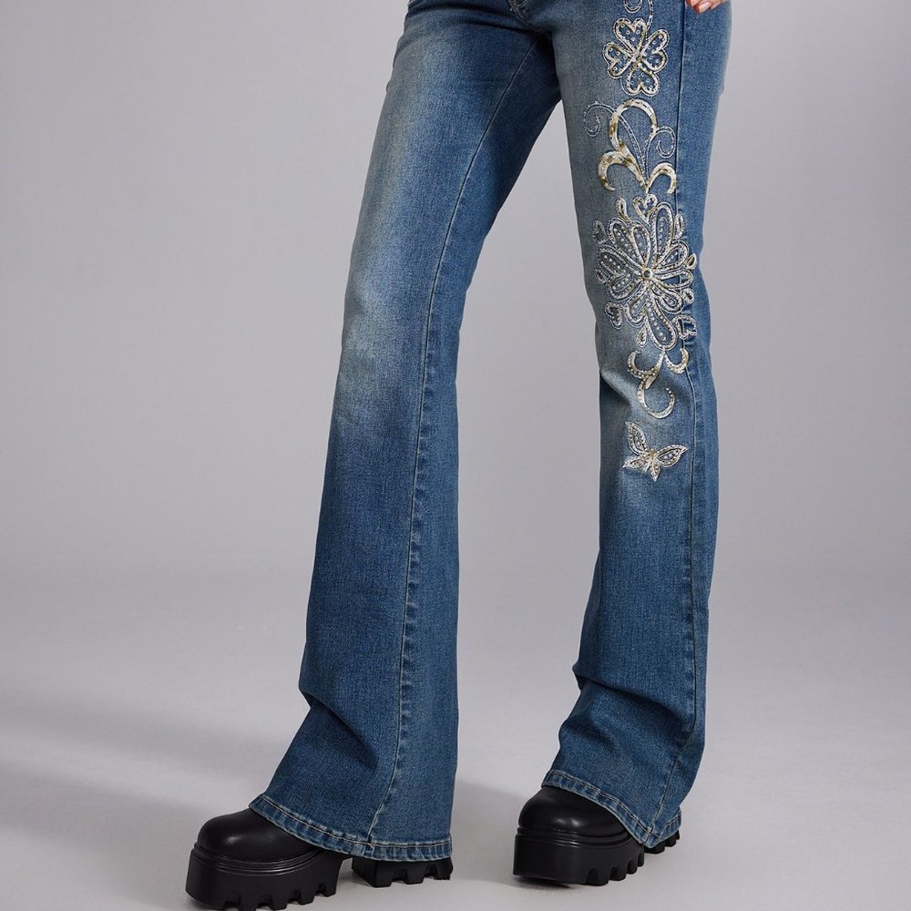 Flare leg Embroidery Jeans, Drop waist Fairycore Butterfly Embroidery flare Jean - Picture 2 of 6